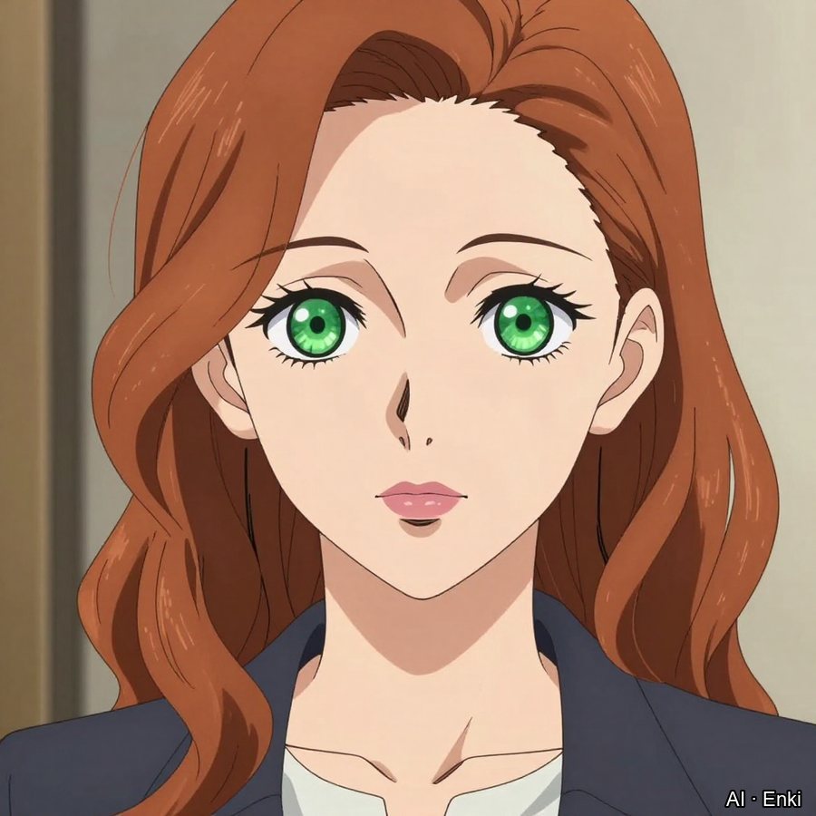 Anime portrait of a woman with red wavy hair and green eyes