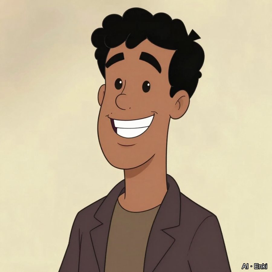 Retro cartoon portrait of a grinning man with black curly hair