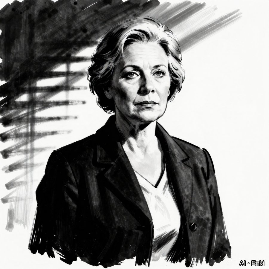 Classic black-and-white noir portrait of an older woman with short grey hair