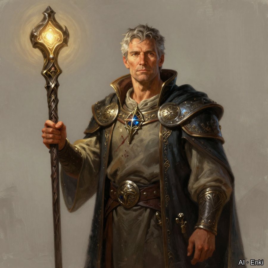 High fantasy portrait of an older man with short grey hair holding a glowing staff