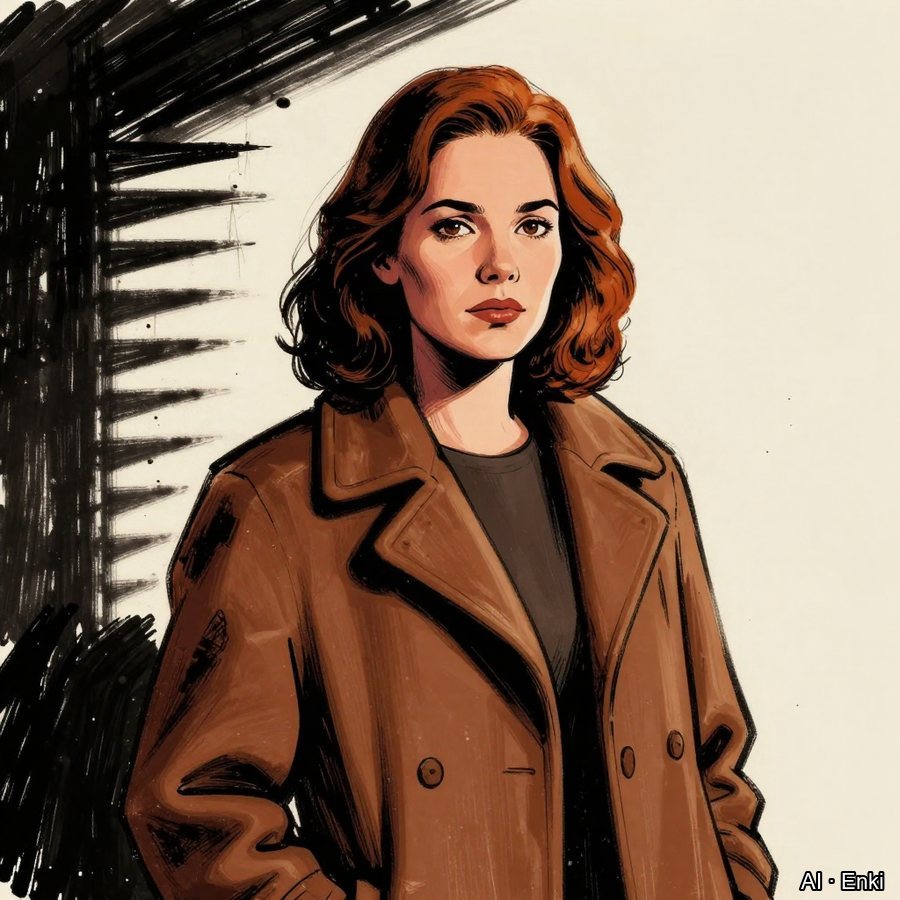Colour noir portrait of a woman in a coat, venetian-blind shadows