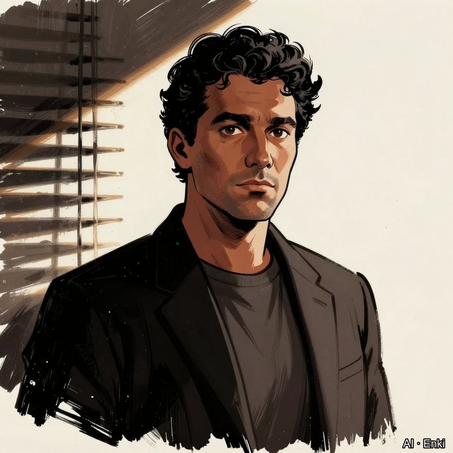 Colour noir portrait of a man with black curly hair
