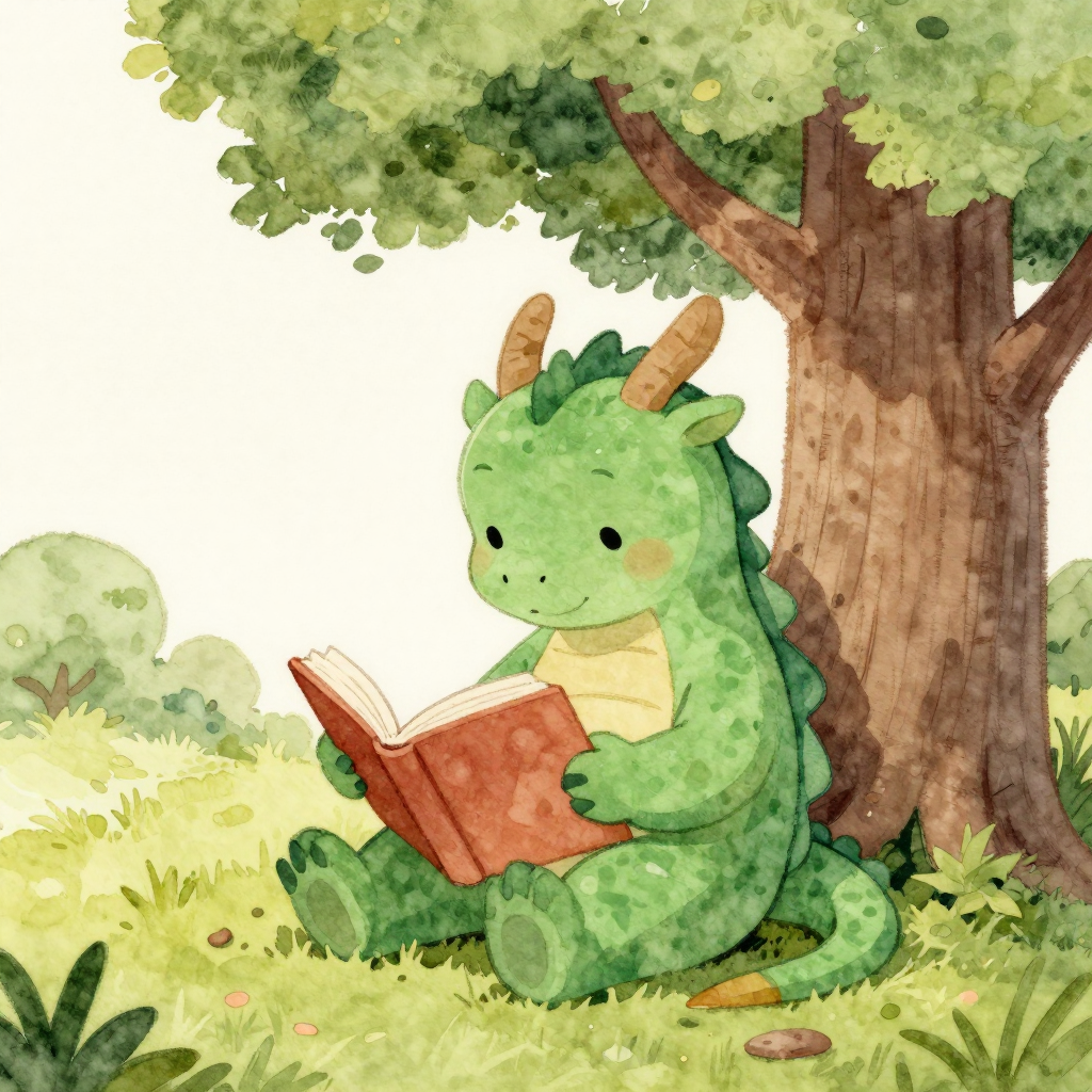 A storybook dragon, reading