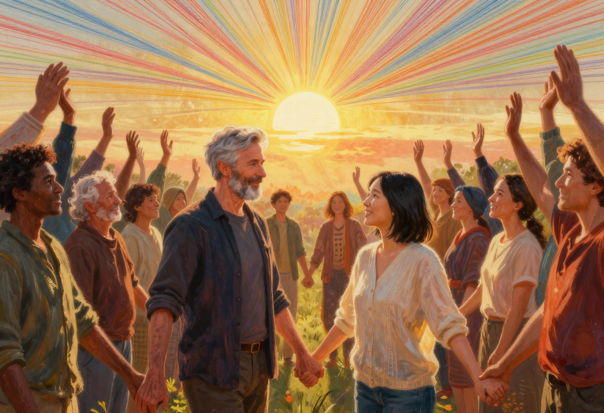 Enki's vision of its two creators hand in hand within a circle of people of many backgrounds, under a rainbow sunrise.